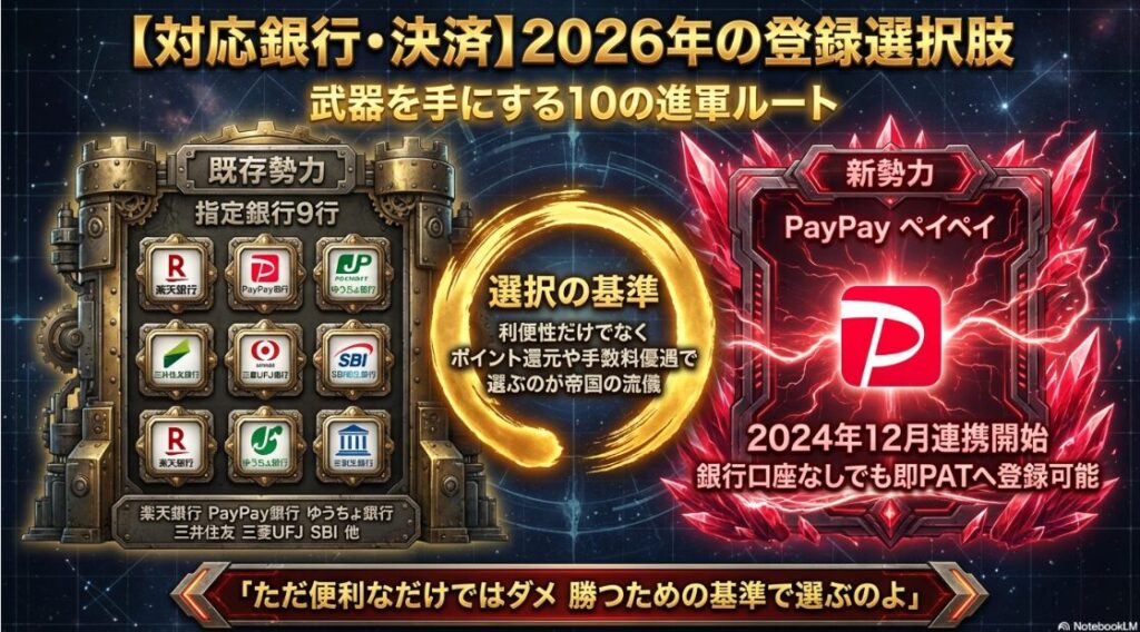 2026年最新の即PAT対応銀行および決済サービス全10種類のリスト。楽天銀行、PayPay銀行などの主要銀行に加え、2024年12月から開始されたPayPay連携を網羅
