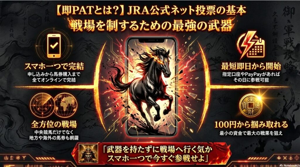 JRA公式のネット馬券購入サービス「即PAT」の基本概要。スマホやPCで完結し、100円から中央・地方・海外競馬の馬券が購入できる仕組みの解説図解