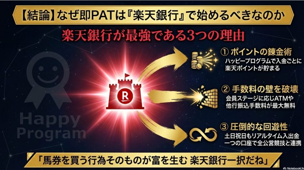 即PAT利用に楽天銀行を推奨する3つのメリット。ハッピープログラムによる楽天ポイント還元（最大3倍）や、ATM・振込手数料の無料優遇特典のまとめ図解