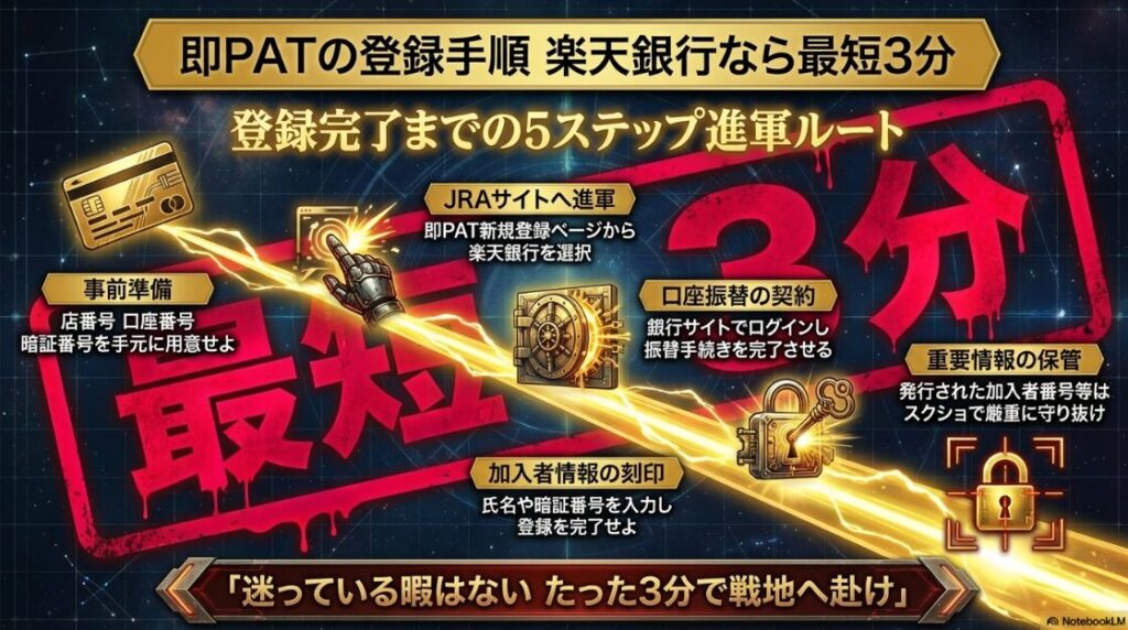楽天銀行を使用した即PATの新規会員登録手順5ステップ。事前準備からJRA公式サイトでの口座振替、加入者情報登録までの流れを視覚化したフローチャート