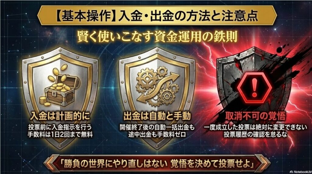 即PATの入出金ルールと注意点。1日2回までの入金手数料無料枠や、開催終了後の自動一括出金、投票内容の取消不可に関する重要情報のまとめ