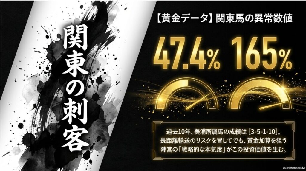 日本地図の関東から関西へ向かう黄金の矢印。複勝率47.4%という巨大な数字が強調された、データ重視のデザイン
