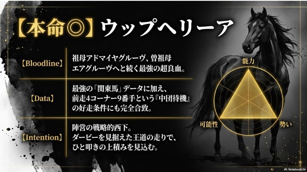 黄金のオーラを纏ったウップヘリーアが、自信に満ちた表情でターフを突き進む、勇壮なスライド