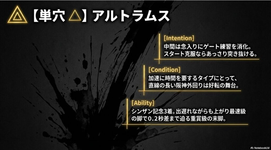 鋭い眼光で前を見据え、一瞬の隙を突いて爆発的な末脚を繰り出そうとするアルトラムスのクローズアップ