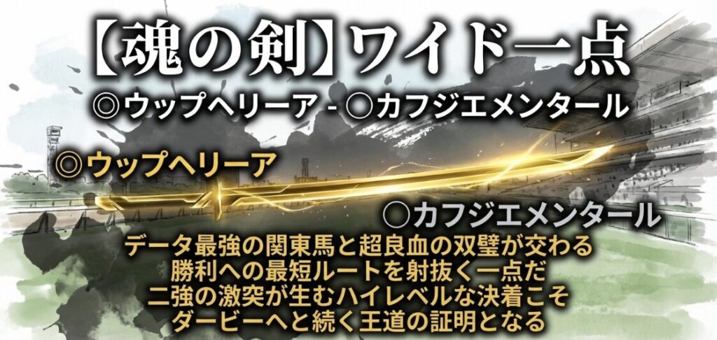 静寂の中に置かれた一振りの日本刀。その鋭い刃紋には、黄金色で**「◎ウップヘリーア」、白銀色で「◯カフジエメンタール」**の文字が刻まれている。背景には仁川のターフ(阪神競馬場)が霞んで見え、この一点が勝機を切り裂く決意を象徴している水墨画風のスライド