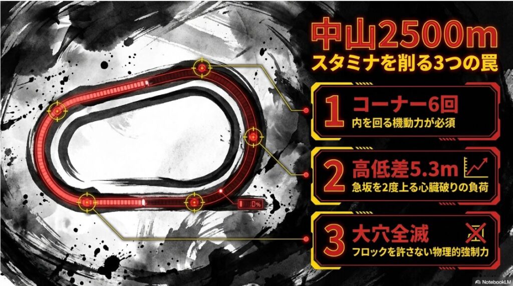 中山2500m:スタミナを削る「3つの罠」
コーナー6回:内を立ち回る「機動力」なき馬は死。
高低差5.3m:JRA最大の急坂を2度上る物理的負荷。
大穴全滅:フロックを拒む、残酷なまでの能力証明。