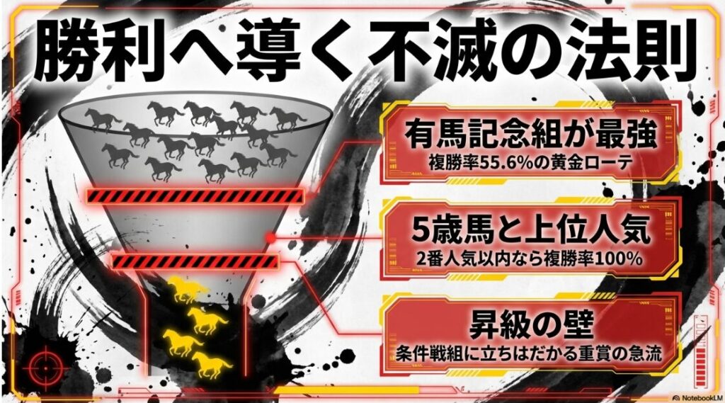勝利へ導く「不滅の法則」
有馬記念組が最強:複勝率**55.6%**の黄金ローテ。
5歳馬×上位人気:2番人気以内なら複勝率100%。
昇級の壁:3勝クラス組は「前走勝ち」のみが通用