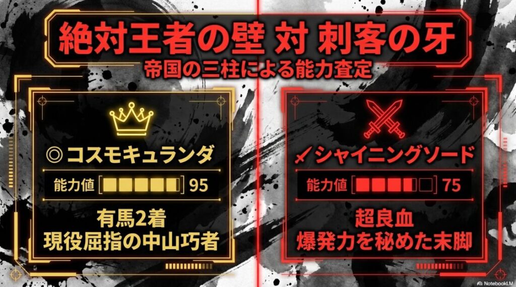 ◎コスモキュランダ vs ✔シャイニングソード
絶対王者 (◎):有馬2着、中山重賞3連対の「中山の鬼」。
刺客の牙 (✔):ゲートが鍵。爆発力は「超良血の証明」。
視覚要素:【能力ゲージ】◎ 95% / ✔ 75%(潜在100%)