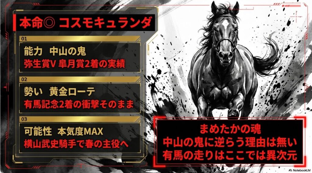 ◎ コスモキュランダ:現役屈指の中山巧者
能力:「中山の鬼」。弥生賞V、皐月賞2着の実績。
勢い:「黄金ローテ」。有馬記念2着の衝撃はここでは次元違い。
可能性:「本気度MAX」。横山武史を配し春の盾へ王手。
魂の一句: 「中山の鬼に逆らう理由は無い。有馬の走りはここでは異次元!」