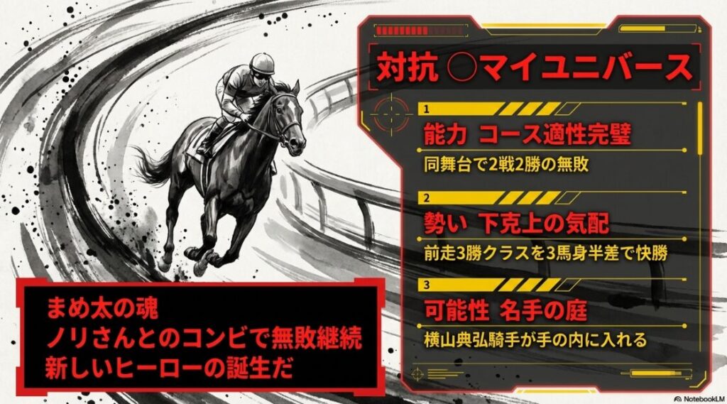 ◯ マイユニバース:2500m無敗の盾候補
能力:「舞台適性完璧」。中山2500mは2戦2勝。
勢い:「下克上の気配」。3勝クラスを3馬身半差で圧勝。
可能性:「名手の庭」。横山典弘が計算し尽くした進撃。
魂の一句: 「名手ノリさんが選ぶ『庭』。G1馬を食う準備は整った!
