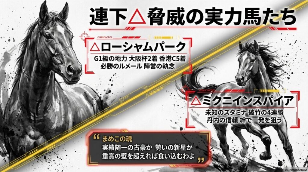 △ ローシャムパーク
G1級の地力
復活の兆し
勝のルメール
△ ミクニインスパイア:破竹の4連勝で挑む新星