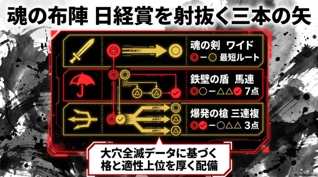 【魂の布陣:日経賞を射抜く三本の矢】
⚔️ 魂の剣(ワイド):◎ — ◯(最短ルート)
🛡️ 鉄壁の盾(馬連):◎◯ — △△✔(7点)
🔱 爆発の槍(三連複):◎✔ — ◯△△(3点)