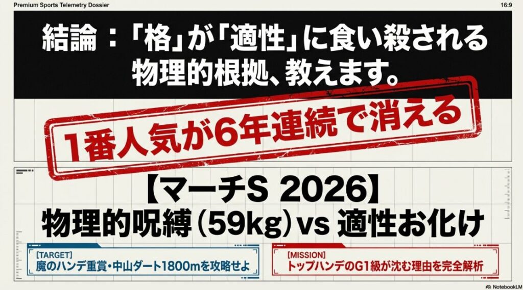 「2026年マーチステークス攻略。トップハンデ59kgの物理的呪縛と、コース複勝率83.3%の適性馬を対比させたインパクト重視の表紙画像。」