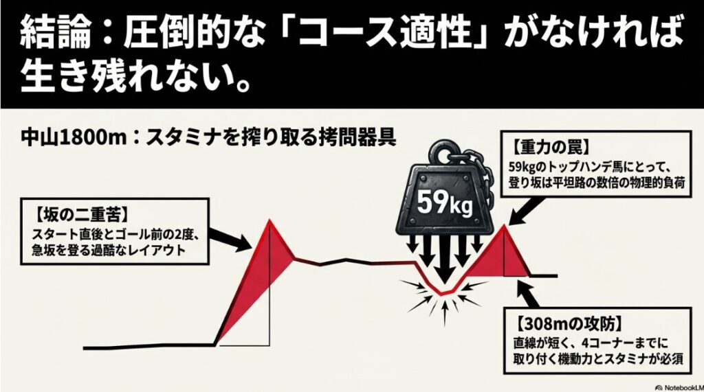 「中山ダート1800mのコース図解。スタート直後とゴール前の2度の急坂を強調し、スタミナを削り取る過酷なコースレイアウトを解説。」