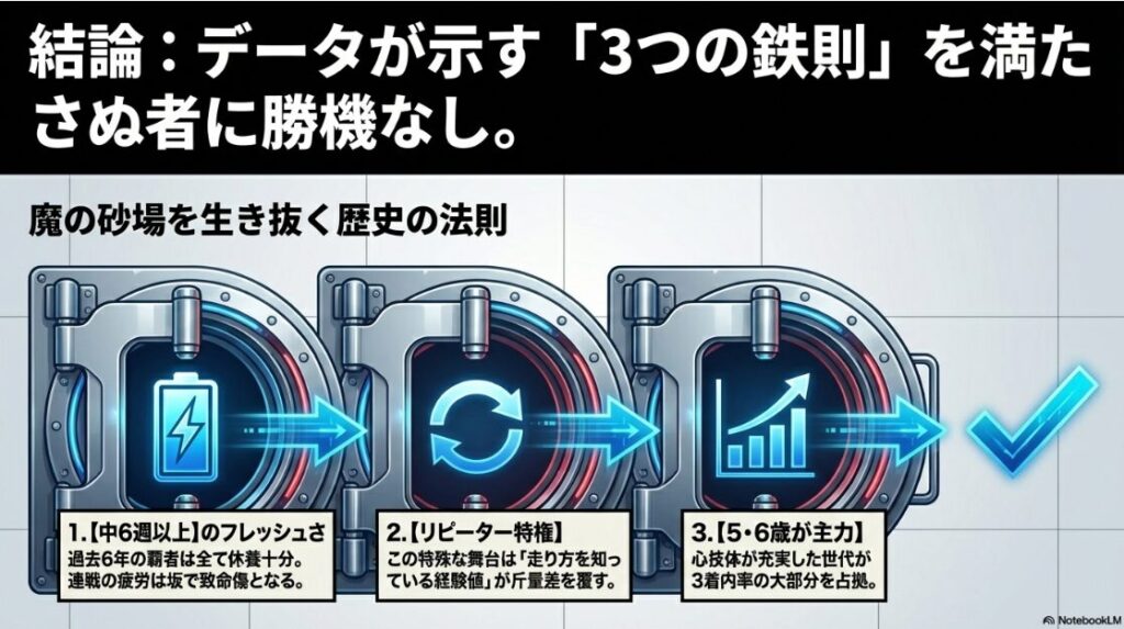 「マーチステークス過去データの3つの鉄則。中6週以上のローテ、リピーターの優位性、充実期の5・6歳馬が主力であることを示すテキストリスト。」