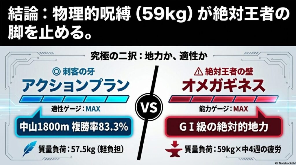 「アクションプランとオメガギネスの比較ゲージ。アクションプランの適性値が満点であるのに対し、オメガギネスは地力はあるが59kgの重圧が懸念されることを視覚化。」