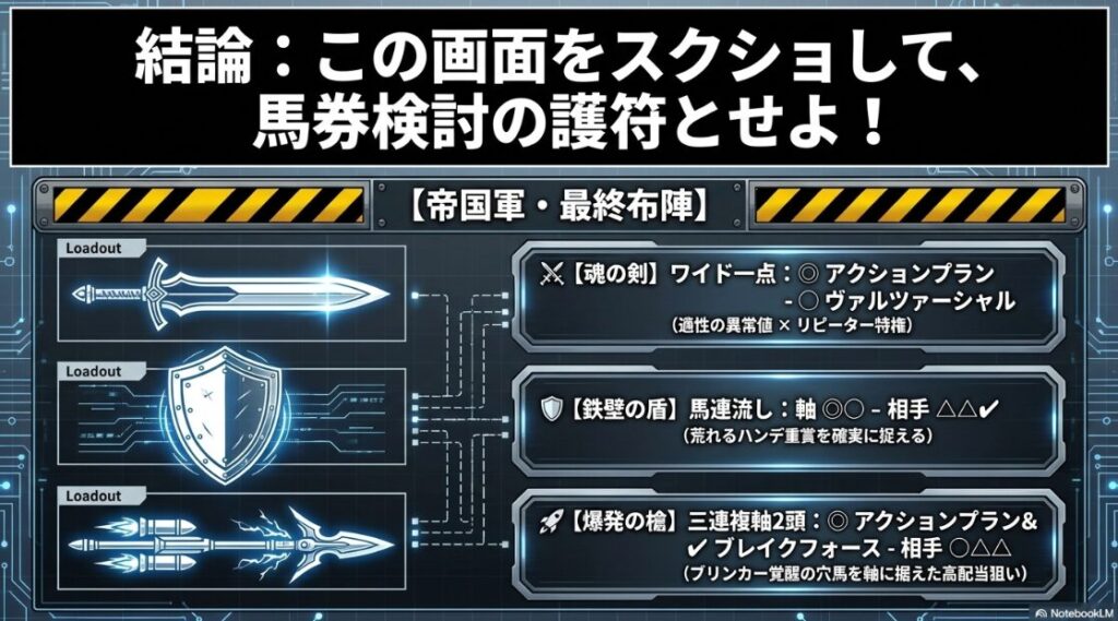 「マーチステークスの最終買い目。魂の剣（ワイド一点 ◎-◯）、鉄壁の盾（馬連）、爆発の槍（三連複）のアイコンと具体的な組み合わせ案。」