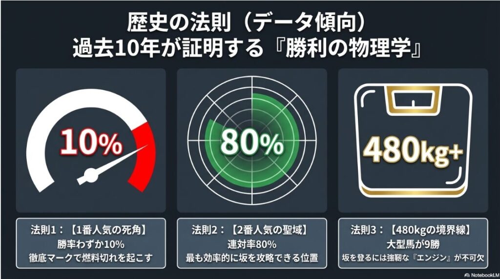 過去10年のレース傾向をまとめたインフォグラフィック。勝率わずか10%の「1番人気の死角」、連対率80%を誇る「2番人気の聖域」、そして勝ち馬の9割を占める「前走480kg以上の大型馬」という3つの絶対法則を大きな数字とキーワードで視覚化している