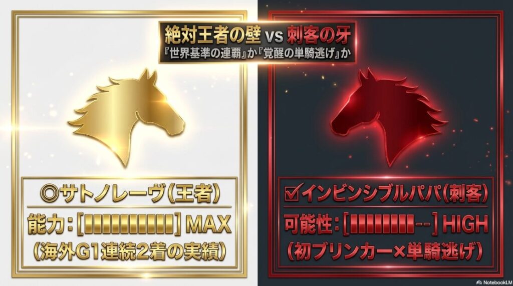 有力馬2頭の能力比較チャート。海外G1連続2着の実績を持つ絶対王者サトノレーヴの最大値に近い能力ゲージに対し、初ブリンカーで単騎逃げを狙う刺客インビンシブルパパの可能性ゲージが対峙。絶対的な実績か、展開による爆発力かという対立軸を明確にしている