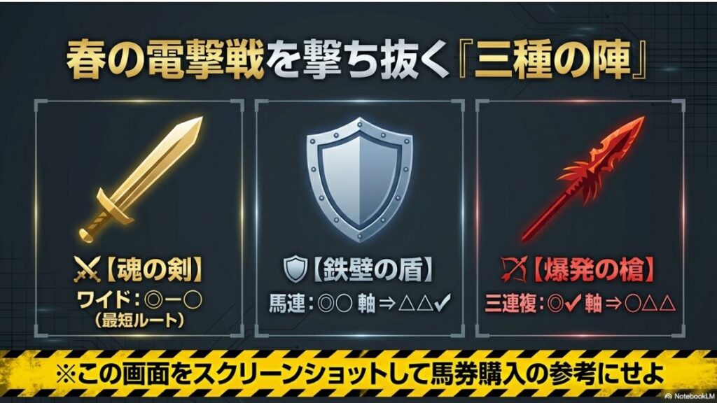 最終結論と買い目のまとめスライド。ワイド一点の「魂の剣(◎-◯)」、馬連流しの「鉄壁の盾」、三連複軸2頭流しの「爆発の槍」をアイコンと共に配置。スクリーンショットを推奨する実戦的なデザイン。◎サトノレーヴを軸とした戦略的な布陣が一目で確認できる。