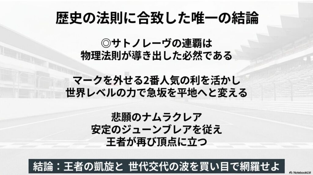 最終印の再提示と総括スライド。◎サトノレーヴの連覇が物理法則から導き出された必然であることを再定義。悲願を背負う馬や新勢力を従え、王者が再び頂点に立つという結論で締めくくられている。ブログ本土への最終的な誘導ポイントとしても機能する構成。