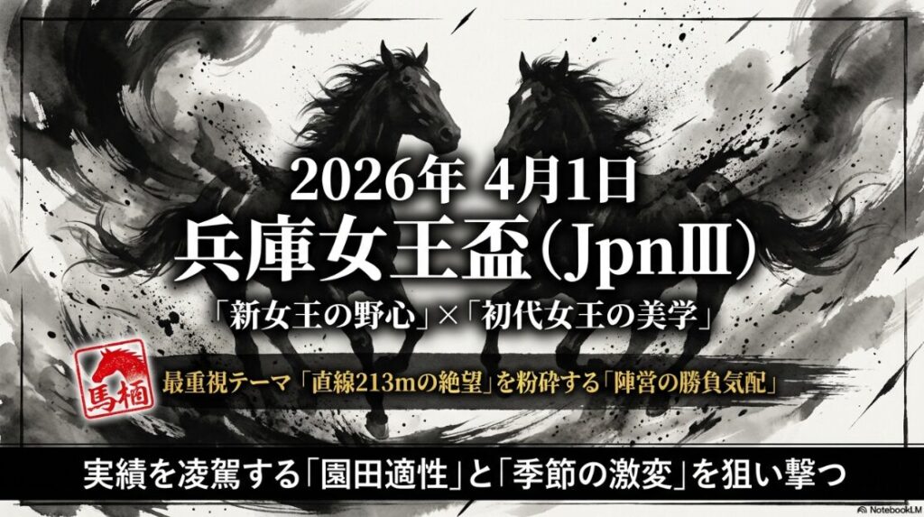 2026年4月1日 兵庫女王盃 JpnIII 予想スライド表紙 直線213mの絶望を粉砕する陣営の勝負気配をテーマに 新女王の野心と初代女王の美学が激突する一戦を 独自分析手法で攻略する旨を記載