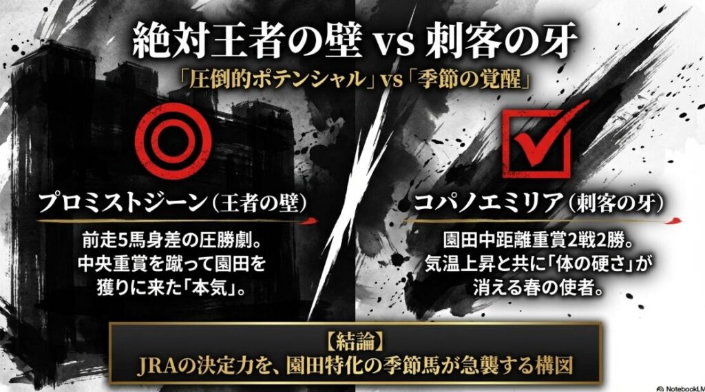 本命◎プロミストジーンと穴馬✔︎コパノエミリアの対比図 前走5馬身差圧勝のJRA決定力に対し 園田中距離重賞2戦2勝を誇る地方の季節馬が急襲する 世代交代か波乱の使者かという構図を表現