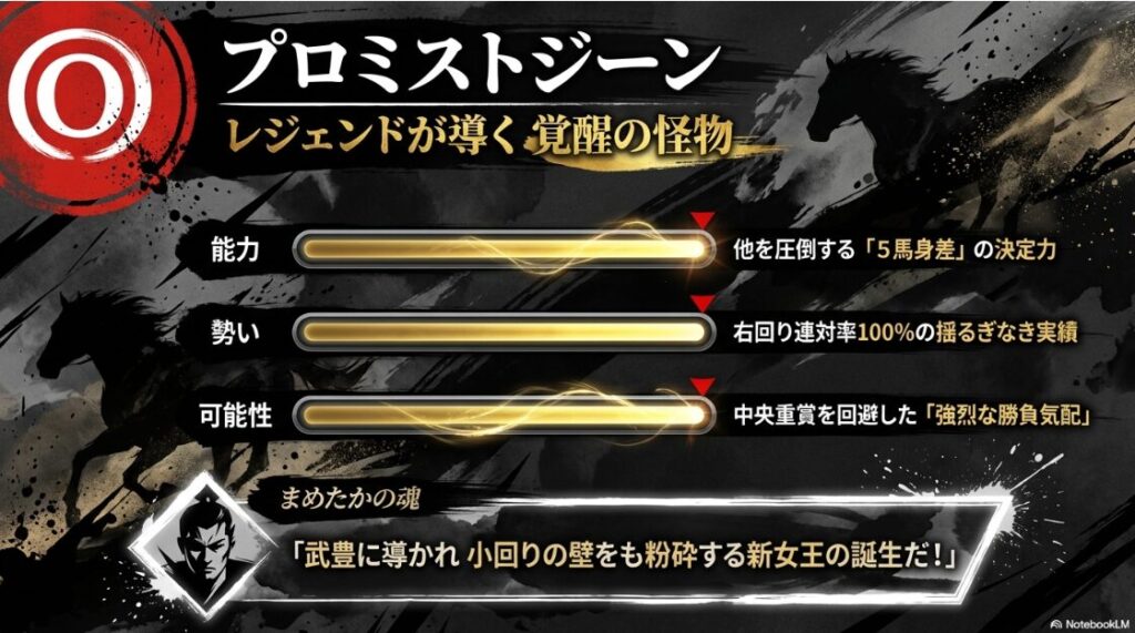 本命◎プロミストジーンの個別分析 舞鶴Sを5馬身差で圧勝した圧倒的な能力 右回り連対率100%の勢い マーチSを回避し園田遠征を最優先した勝負気配を解説 まめたかによる新女王誕生への断定コメント