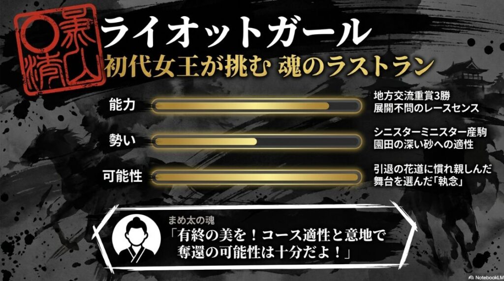 対抗◯ライオットガールの個別分析 2024年の覇者であり地方交流重賞3勝の実績 園田の深い砂への高い適性 引退レースを有終の美で飾ろうとする陣営の執念を強調 まめ太による奪還へのエール