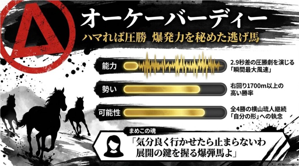 連下△オーケーバーディーの個別分析 勝つ時は2.9秒差や7馬身差をつける爆発力 右回り1700m以上での高い勝率 逃げ脚がハマれば止まらない展開の鍵を握るジョーカーとしての立ち位置を解説 まめこによる爆弾馬への警戒