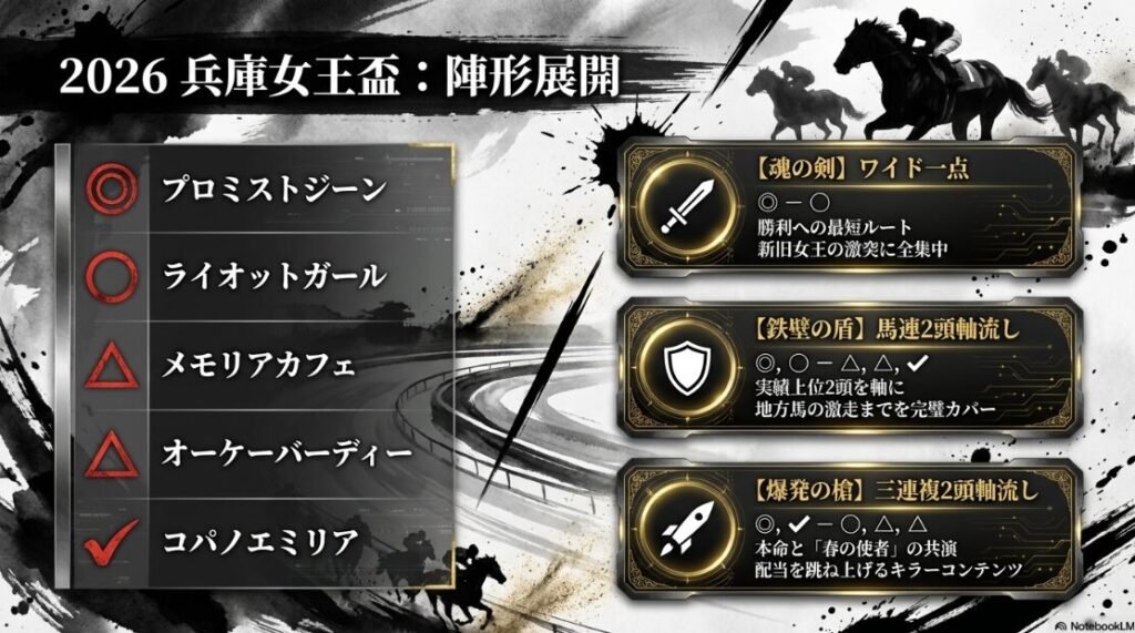 兵庫女王盃2026の最終印と具体的な買い目 魂の剣として◎◯ワイド一点 鉄壁の盾として◎◯軸の馬連2頭軸流し 爆発の槍として◎✔︎軸の三連複2頭軸流しを提案 物理的な壁を破壊する戦略的陣形を提示