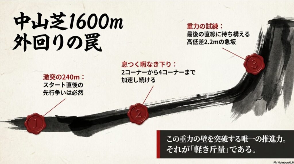 中山芝1600m 外回りコースの 物理的負荷を 示す インフォグラフィック スタート直後の 短い直線での 激しい先行争い 息の入らない 下り勾配 そして 最後に 待ち構える 高低差2.2mの 急坂を アイコンで 視覚化している