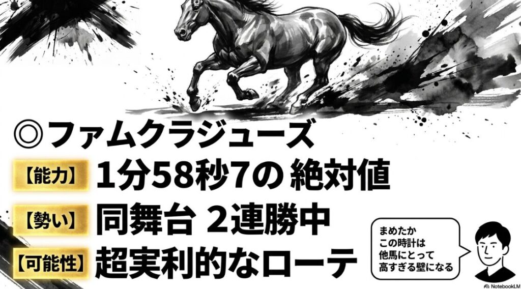 本命 ファムクラジューズ 東京2000m 走破時計 1分58秒7 舞台 適性 ほしご 3戦 連続 同舞台 経験 筋肉質の 馬体 疾走図