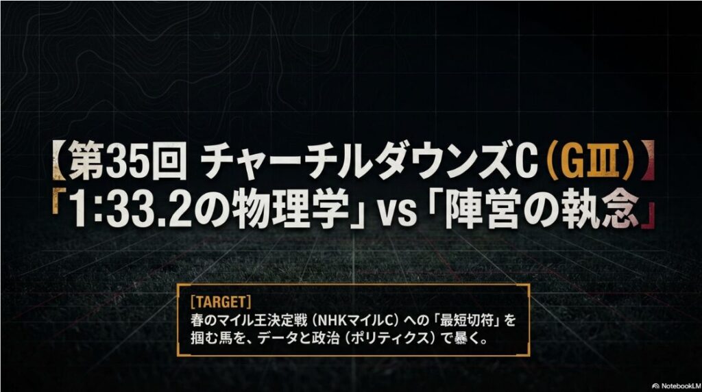 第35回チャーチルダウンズカップ（GⅢ）のタイトルスライド。「1:33.2の物理学」対「陣営の執念」という大きなキャッチコピーが中央に配置され、ルメール騎手と川田騎手の対決を象徴するイメージが添えられている