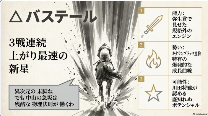 バステールの個別分析。3戦連続上がり最速の末脚と、キタサンブラック産駒の成長曲線を示すビジュアル