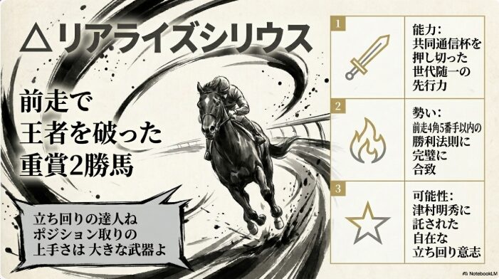 リアライズシリウスの個別分析。共同通信杯を制した先行力と、中山の物理法則に合致したポジショニングの解説