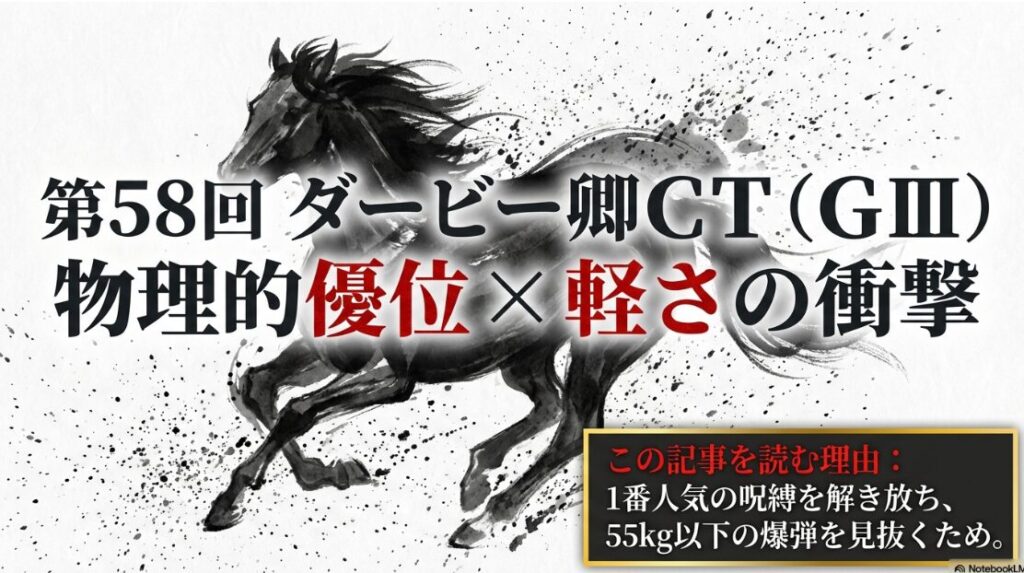 第58回 ダービー卿CTの 予想表紙 背景には 荒れる ハンデ戦を 象徴する 嵐の 中山競馬場 「物理的優位 × 軽さの衝撃」 という 巨大な キャッチコピーが 中央に 配置され 1番人気の 呪縛を 打ち破る 決意を 示している