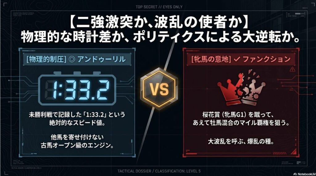 絶対王者の壁 vs 刺客の牙 有力馬2頭の対比。物理的なスピード値1:33.2を持つ本命◎アンドゥーリルと、牝馬の意地で大波乱を狙う穴馬✔︎ファンクションの能力差を視覚化した比較グラフ
