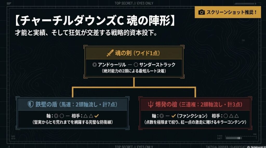最終的な印と買い目 「魂の剣（ワイド）」「鉄壁の盾（馬連）」「爆発の槍（三連複）」という3つの戦略的な買い目をアイコンと共に提示。スマートフォンでメモしやすい、すっきりとした配置の買い目一覧