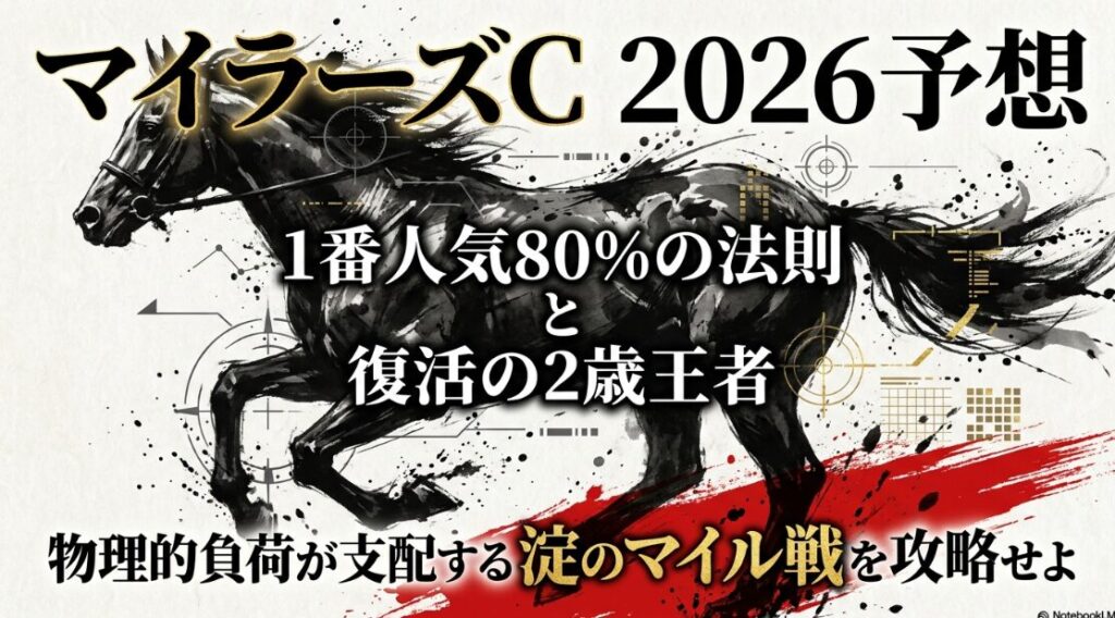 2026年 読売マイラーズカップ（GII）競馬予想スライドの表紙。タイトルは『1番人気80%の法則と復活の2歳王者』。京都競馬場の重厚な雰囲気と、復活を期すアドマイヤズームの闘志を表現した水墨画風デザイン