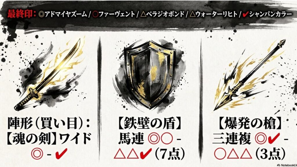 国の新プロトコルに基づく買い目提案。魂の剣（ワイド1点）、鉄壁の盾（馬連7点）、爆発の槍（三連複3点）のアイコンと具体的な組み合わせを、メモしやすいクリアなデザインで表示