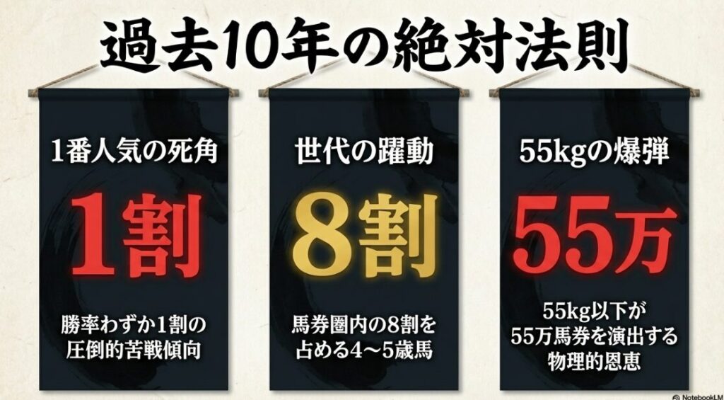 過去10年の データを 凝縮した 数値グラフ 「1番人気の 勝率1割」 という 衝撃的な 事実と 「馬券圏内 8割を 占める 4〜5歳馬」 「55kg以下の 軽ハンデが 巻き起こす 波乱」 という 3つの 絶対法則を 強調している