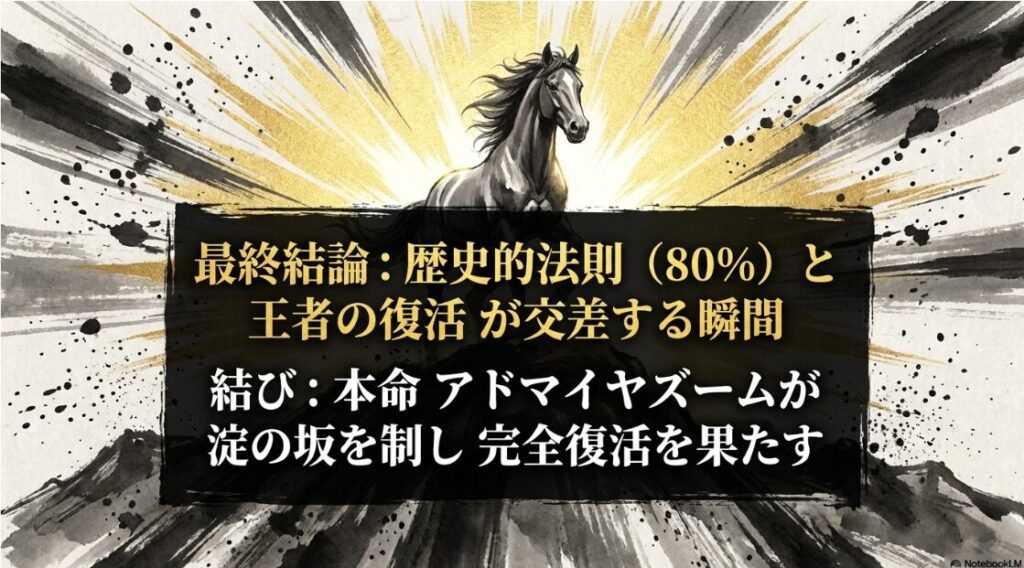 終結論のまとめ。アドマイヤズームが淀の坂を制する決定的瞬間をイメージしたグラフィック。詳細はブログ『まめたか競馬』で検索の誘導テロップ