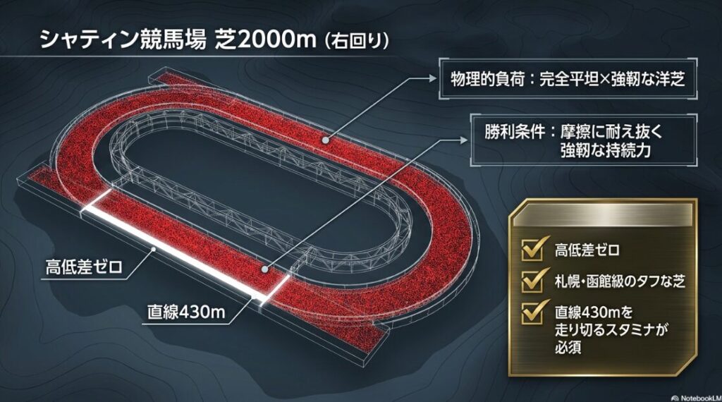 シャティン競馬場芝2000mのコース解説図。物理的負荷となる平坦な形状とタフな洋芝、直線430mの特徴をアイコンで図解