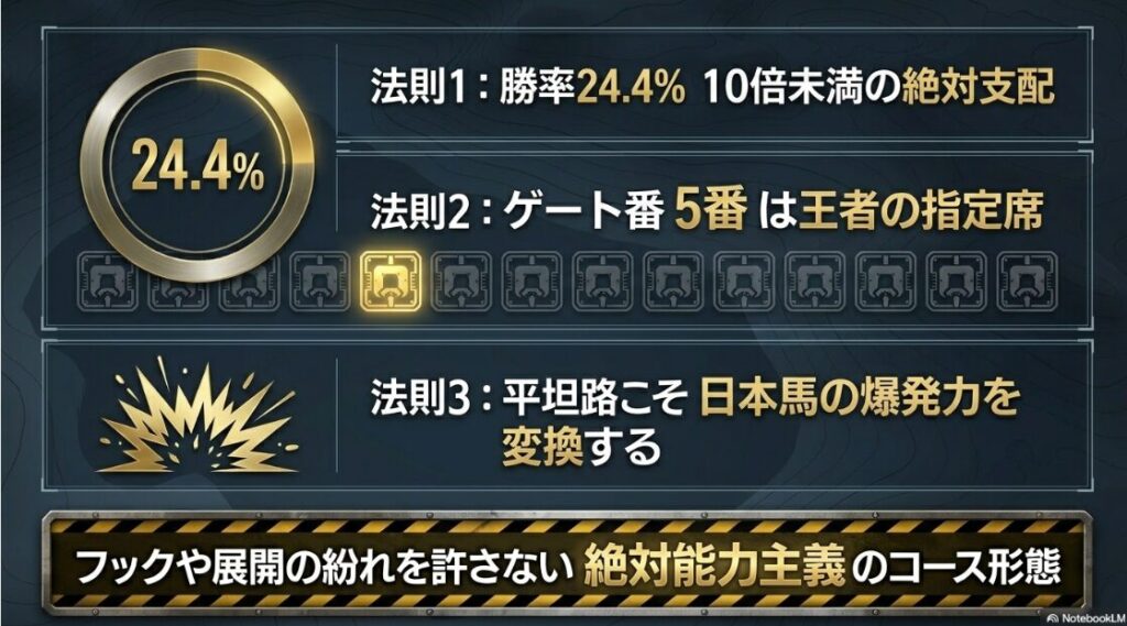 QE2世Cの過去10年データ傾向。単勝オッズ10倍未満の勝率24.4%や、最多勝の5番ゲートなど「歴史の法則」を強調したインフォグラフィック