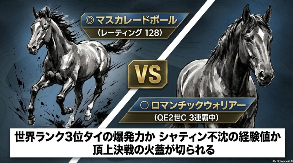 本命馬マスカレードボールと対抗馬ロマンチックウォリアーの能力比較スライド。世界ランク3位のレーティング128の激突を示す比較図