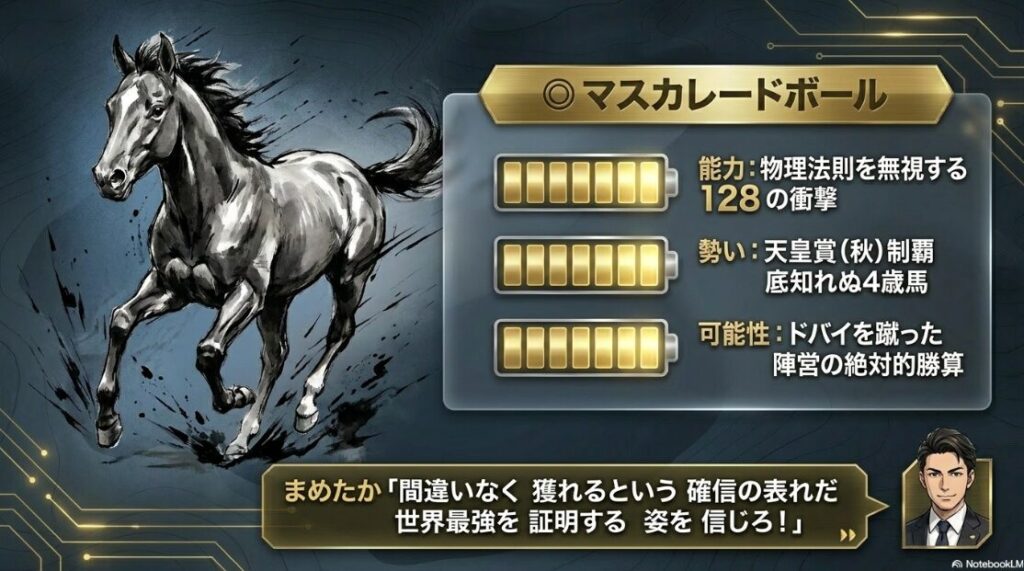 ◎マスカレードボールの分析。ジャパンカップ2着、天皇賞（秋）1着の戦績と、ルメール騎手による世界最強証明の解説