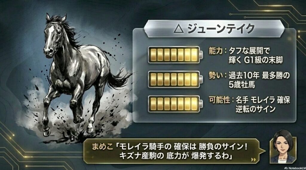 △ジューンテイクの分析。京都記念を制したキズナ産駒。名手モレイラ騎手確保による勝負気配と5歳牡馬のデータ優位性
