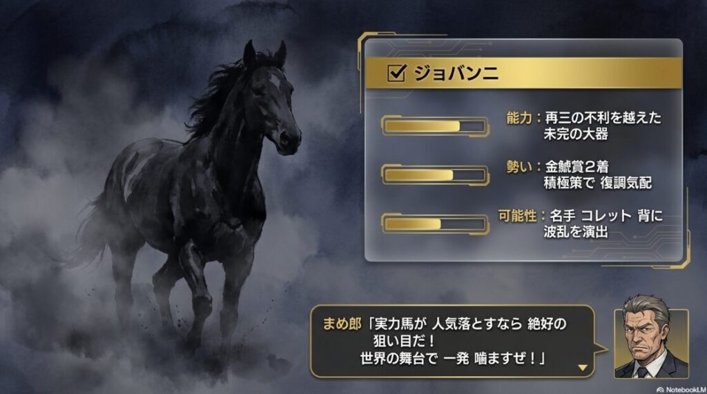✔︎ジョバンニの分析。金鯱賞2着の復調気配とコレット騎手起用による波乱の可能性。不利を越えてきた未完の大器の解説