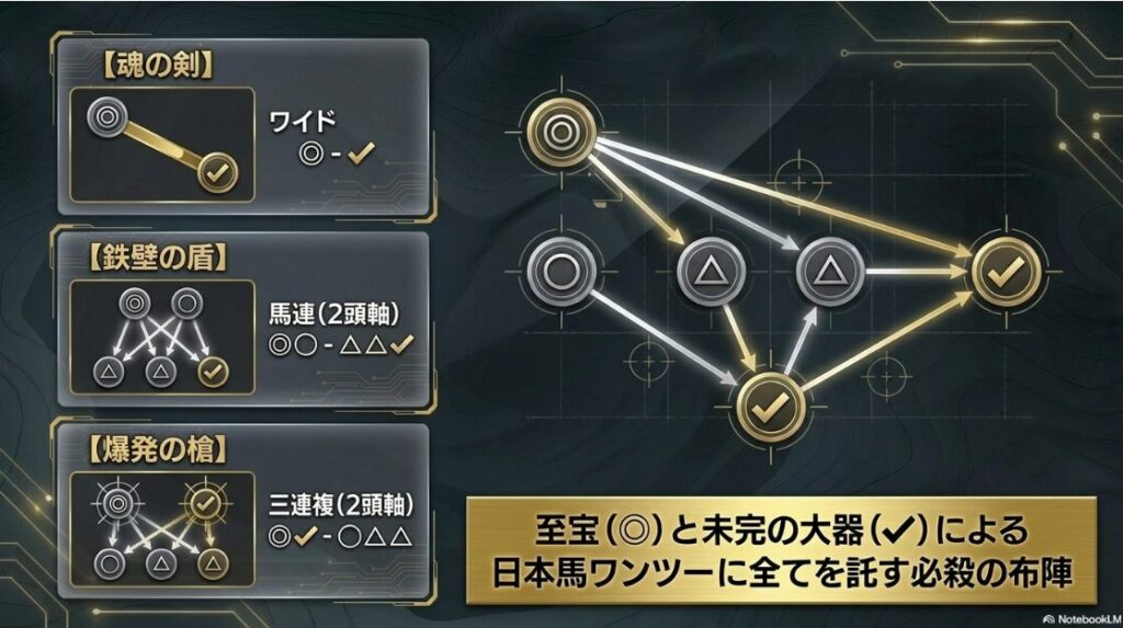 2026年クイーンエリザベス2世カップの最終印と買い目。魂の剣（ワイド）、鉄壁の盾（馬連）、爆発の槍（三連複）の戦略的布陣